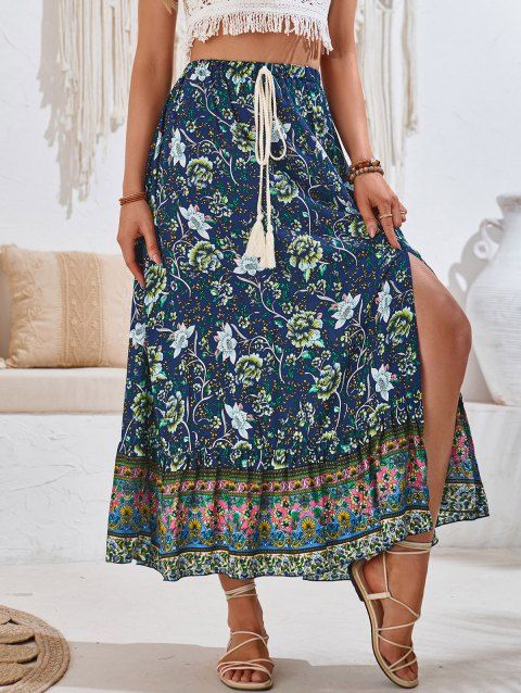 Floral Print Elastic Waist Hemp Tassel Design Slit Dress Summer Beach Boho Skirt