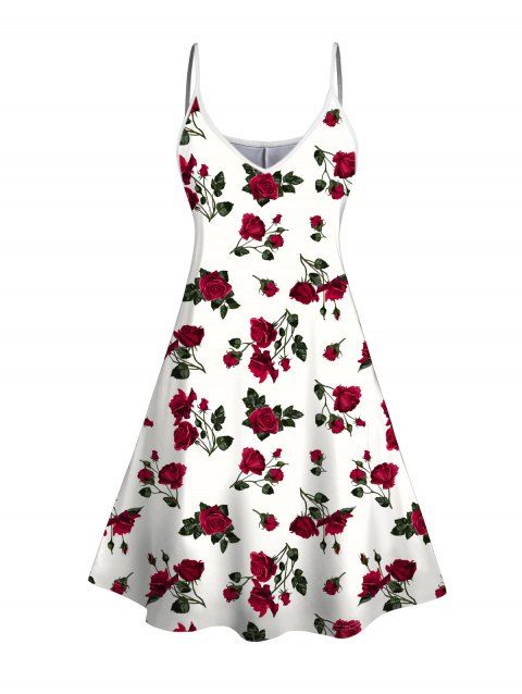 Rose Print V Neck Sleeveless Summer Cami Dress