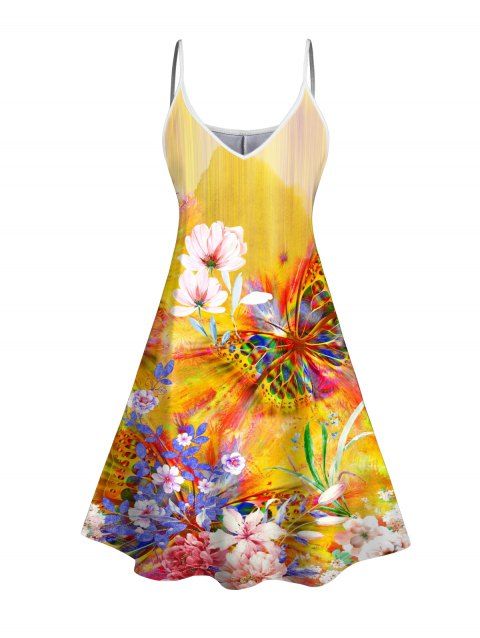 Robe D'Eté à Bretelle Fleur Papillon Coloré Imprimée sans Manches à Col V