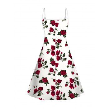 Rose Print V Neck Sleeveless Summer Cami Dress