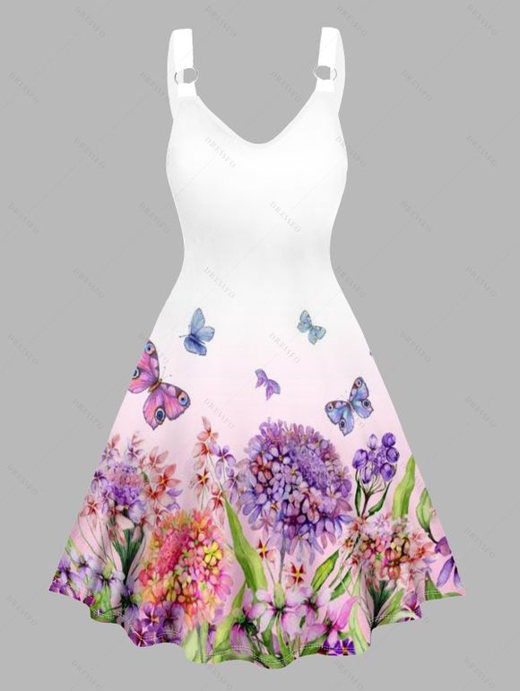 Colorful Butterfly Floral Print V Neck Dress O Ring Straps Sleeveless A Line Tank Dress - Rose clair XL | US 10