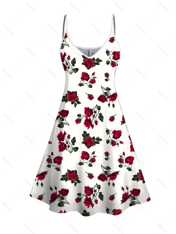 Rose Print V Neck Sleeveless Summer Cami Dress - Blanc XXL | US 14