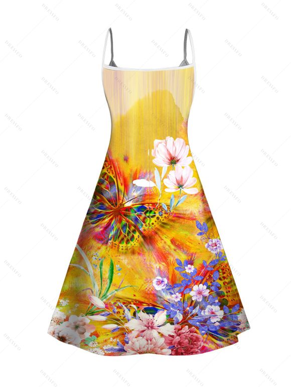Robe D'Eté à Bretelle Fleur Papillon Coloré Imprimée sans Manches à Col V - Jaune S | US 4