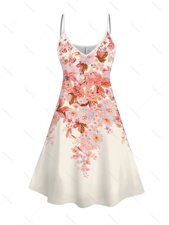Flower Print V Neck Sleeveless Summer A Line Cami Dress - Blanc L | US 8-10