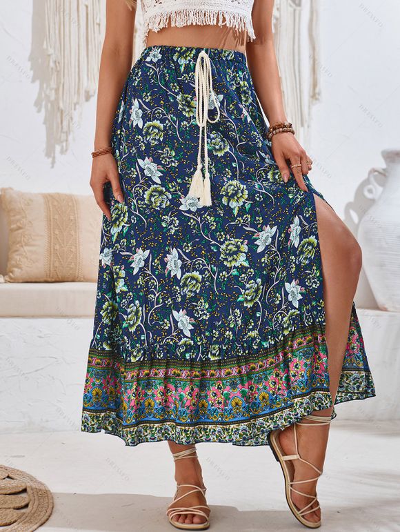 Floral Print Elastic Waist Hemp Tassel Design Slit Dress Summer Beach Boho Skirt - Vert profond L | US 8-10