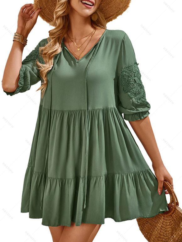 Solid Color Puff Sleeve Lace Sticking Tie Neck Dress Summer Casual Mini Tiered Dress - Vert profond L | US 8-10