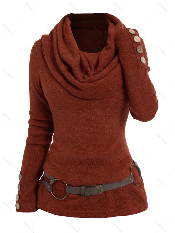 Haut Tricoté Plié Ceinturé en Couleur Unie à Col Bénitier - Orange Foncé S | US 4