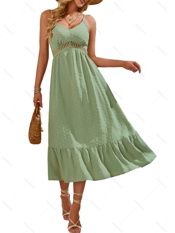 Solid Color Clip Dot Sheer Waist V Neck Cami Dress Sleeveless High Waist Summer Tiered Dress - Vert clair S | US 4