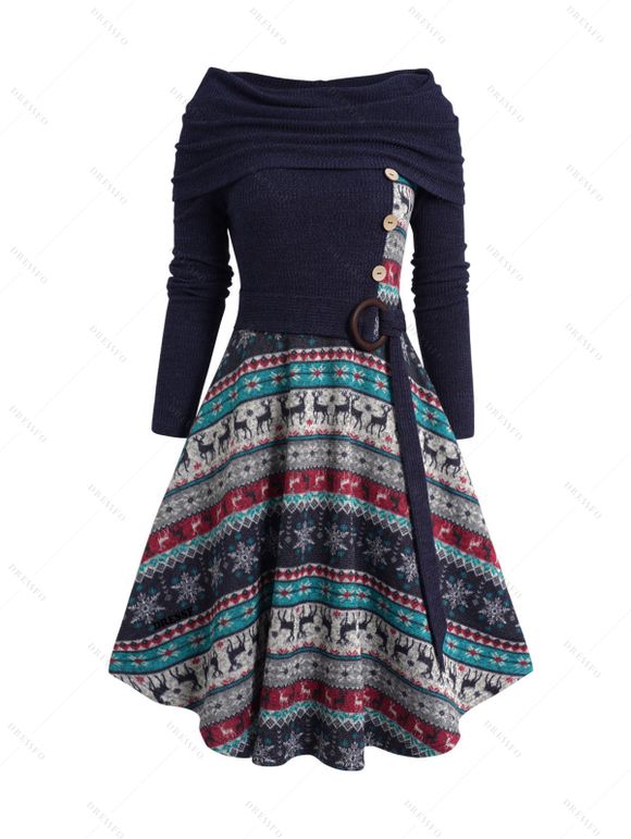 Robe Plissée Ethnique Tricotée Flocon de Neige et Cerf Imprimés - Bleu profond XL | US 12