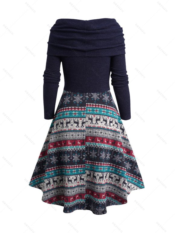 Robe Plissée Ethnique Tricotée Flocon de Neige et Cerf Imprimés - Bleu profond XL | US 12