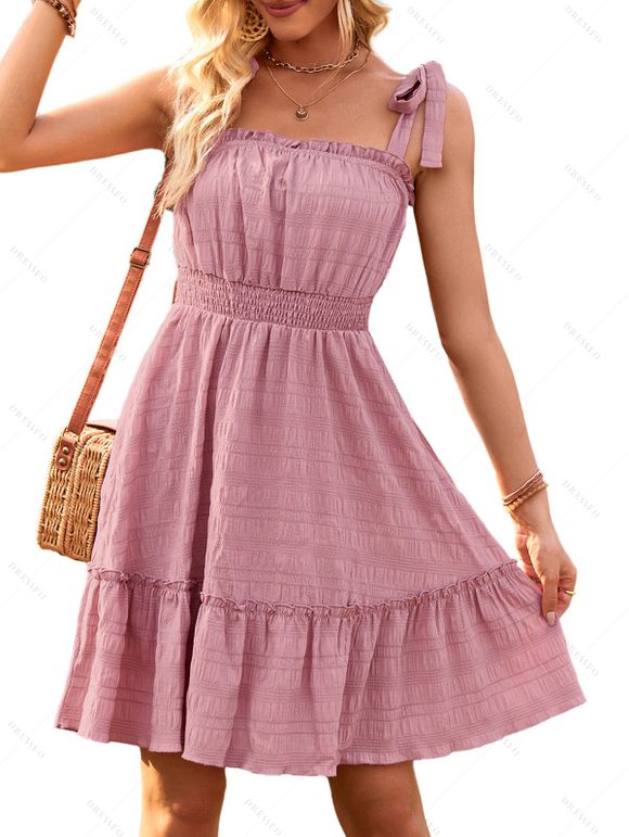 Solid Color Ruffle Hem Tie Shoulder Square Neck Sleeveless Tiered Dress - Rose clair L | US 8-10