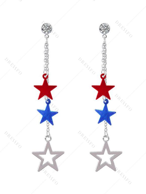 Independence Day American Flag Element Faux Rhinestone Star Chain Fringe Earrings - multicolor 