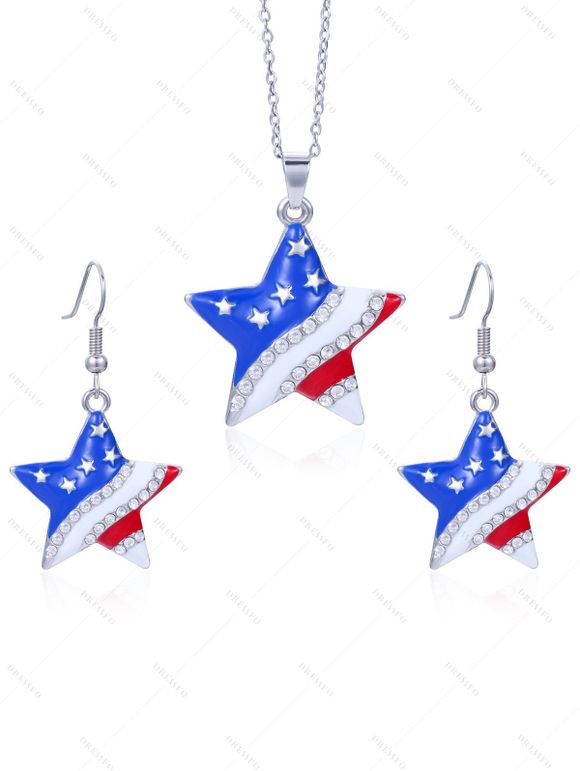 New Independence Day American Flag Element Faux Rhinestone Star Necklace and Earrings Set - Argent 