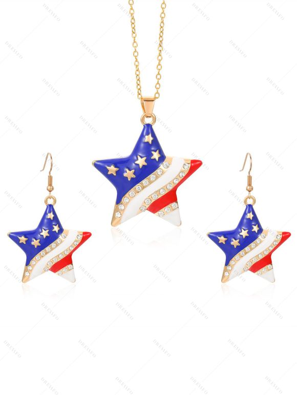 New Independence Day American Flag Element Faux Rhinestone Star Necklace and Earrings Set - d'or 