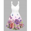 Colorful Butterfly Floral Print V Neck Dress O Ring Straps Sleeveless A Line Tank Dress - Rose clair XXL | US 12