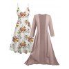 Open Front Sheer Solid Chiffon Bracelet Sleeve Cardigan and Allover Floral Print Cami Dress Suit - café lumière L | US 8-10