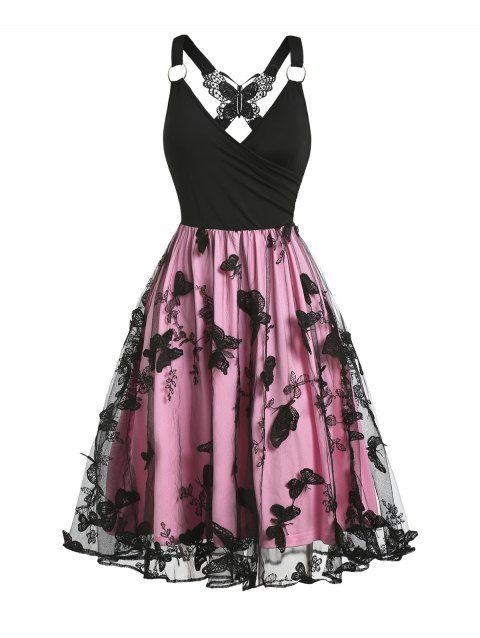Robe Superposée Papillon Anneau en O en Arrière en Maille Transparente