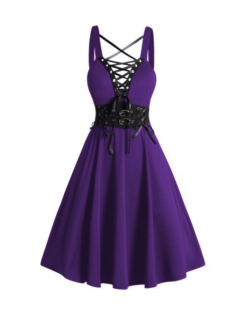Gothic Dress Lace Up Buckle Strap Crisscross Plunging Neck High Waisted A Line Mini Dress