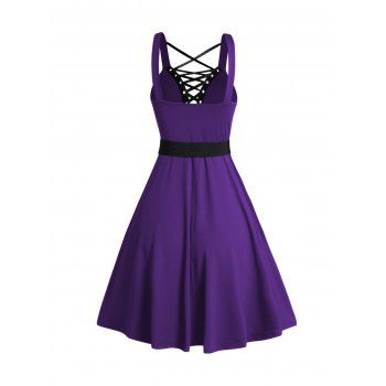 Gothic Dress Lace Up Buckle Strap Crisscross Plunging Neck High Waisted A Line Mini Dress 