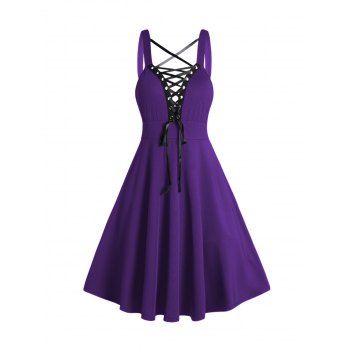 Gothic Dress Lace Up Buckle Strap Crisscross Plunging Neck High Waisted A Line Mini Dress 