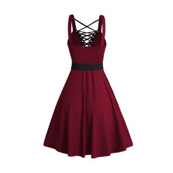 Gothic Dress Lace Up Buckle Strap Crisscross Plunging Neck High Waisted A Line Mini Dress 