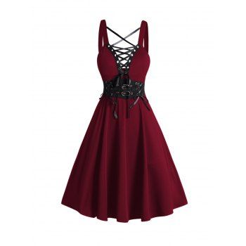Gothic Dress Lace Up Buckle Strap Crisscross Plunging Neck High Waisted A Line Mini Dress