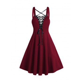 Gothic Dress Lace Up Buckle Strap Crisscross Plunging Neck High Waisted A Line Mini Dress 