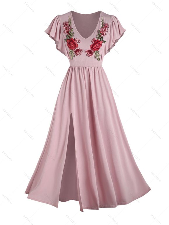 Floral Applique Ruffle Sleeve V Neck High Waist Slit Long Summer Dress - Rose clair L | US 8-10