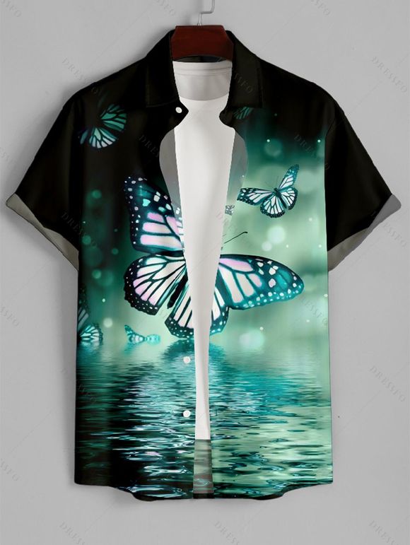 Men's Butterfly Ombre Water Print Roll Up Sleeve Shirt Button Up Short Sleeve Casual Shirt - Vert clair 2XL