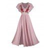 Floral Applique Ruffle Sleeve V Neck High Waist Slit Long Summer Dress - Rose clair XXL | US 14