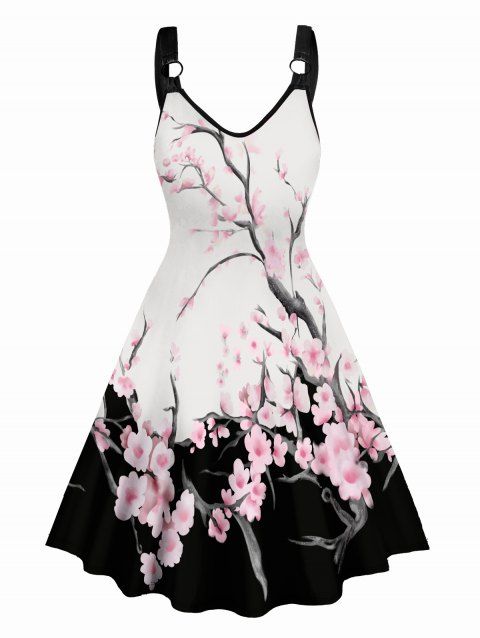 Robe Ligne A Fleur Imprimée sans Manches à Bretelle Anneau en O à Col V