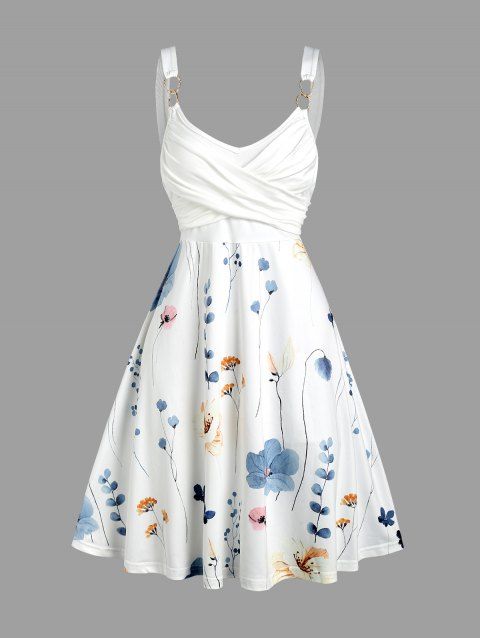 Floral Print Metal Ring Shoulder Crossover Bust Sleeveless Casual Tank Dress