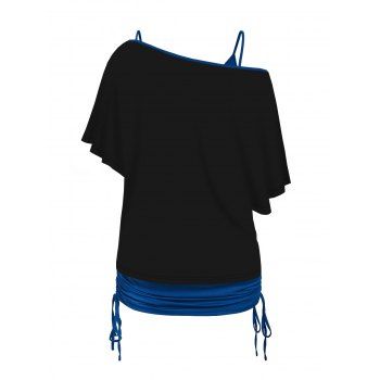 Galaxy Mushroom Print Oblique Shoulder T-shirt And Cinched V Neck Spaghetti Strap Camisole Two Piece Set 
