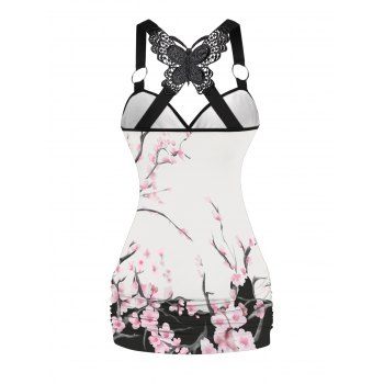 Flower Print Tank Top Lace Butterfly Back Ruched Surplice O Ring Strap Tank Top 