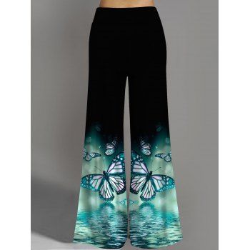 Water Butterfly Print Wide Leg Pants Elastic Waist Casual Long Pants