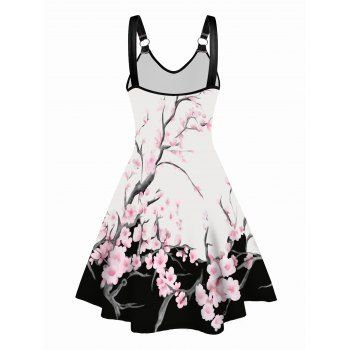 Flower Print V Neck Dress O Ring Straps Sleeveless A Line Tank Dress