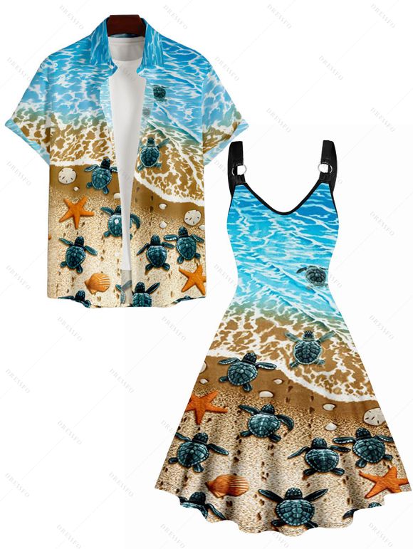 Allover Beach Turtle Print Women's O Ring Tank Dress and Men's Button Up Shirt Outfit - Bleu clair S | US 4