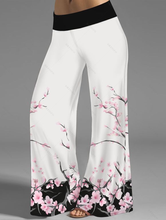 Flower Print Wide Leg Pants Elastic Waist Casual Long Pants - Blanc XXL | US 14