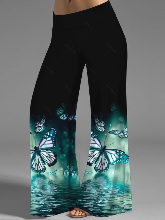 Water Butterfly Print Wide Leg Pants Elastic Waist Casual Long Pants - Noir S | US 4