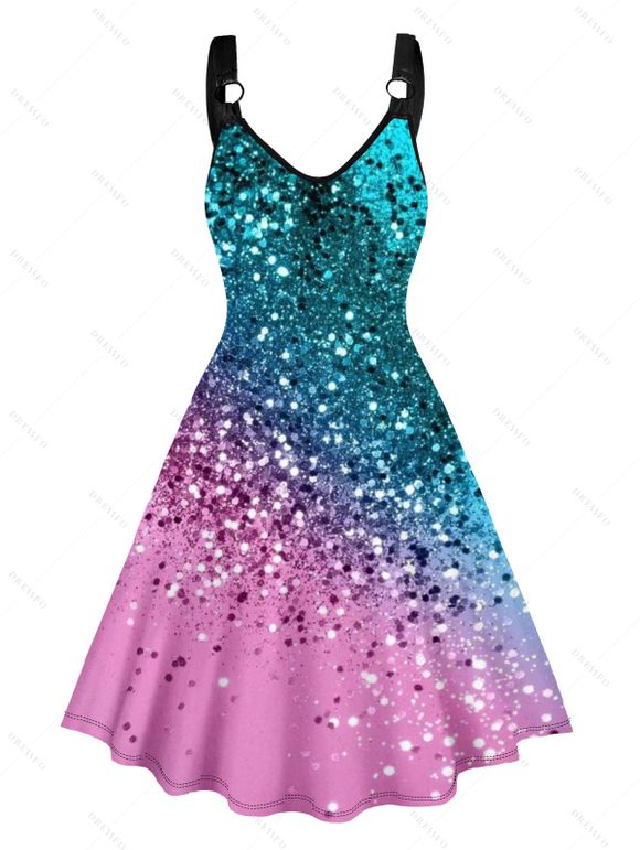 Ombre Sparkling Print V Neck Dress O Ring Straps Sleeveless A Line Tank Dress - Vert profond XL | US 10