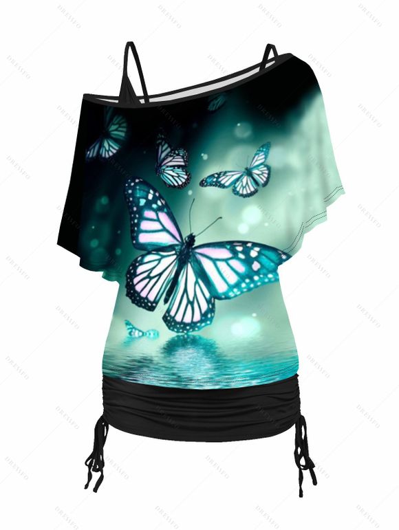 Butterfly Print Oblique Shoulder T-shirt And Cinched V Neck Spaghetti Strap Camisole Two Piece Set - Noir XL | US 10