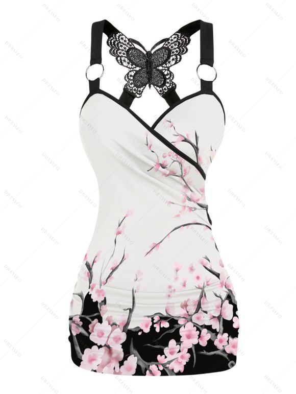 Flower Print Tank Top Lace Butterfly Back Ruched Surplice O Ring Strap Tank Top - Blanc XXL | US 14