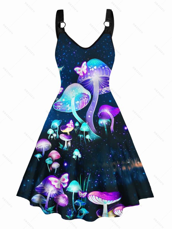 Galaxy Sparkling Mushroom Butterfly Print V Neck Dress O Ring Straps Sleeveless A Line Tank Dress - Noir XXL | US 12