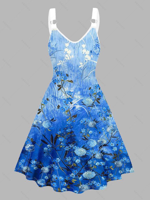 Wildflower Print V Neck Dress O Ring Straps Sleeveless A Line Tank Dress - Bleu L | US 8