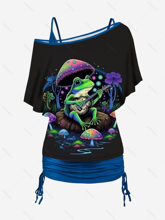 Cartoon Lonely Frog Print Oblique Shoulder T-shirt And Cinched V Neck Spaghetti Strap Camisole Two Piece Set - Noir M | US 6