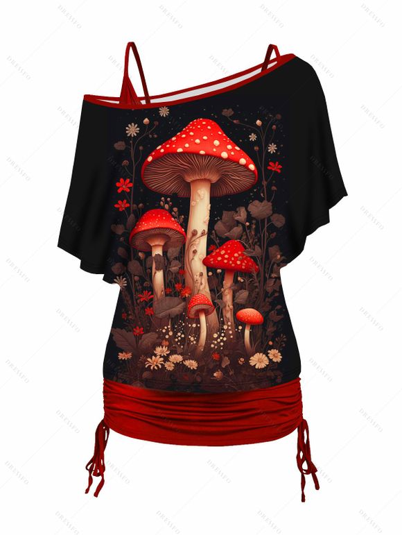 Cartoon Mushroom Print Oblique Shoulder T-shirt And Cinched V Neck Spaghetti Strap Camisole Two Piece Set - Noir XXL | US 12