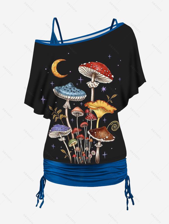 Galaxy Mushroom Print Oblique Shoulder T-shirt And Cinched V Neck Spaghetti Strap Camisole Two Piece Set - Noir M | US 6