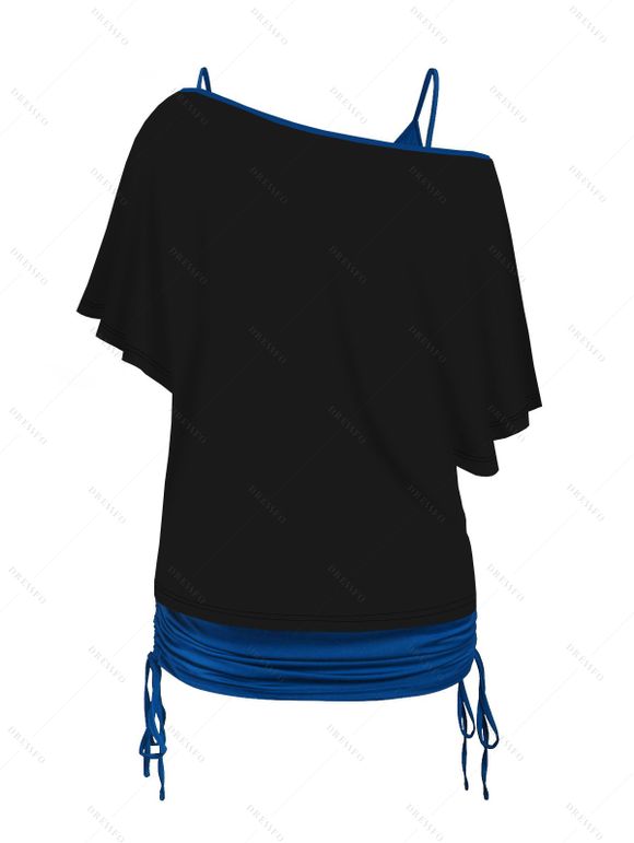 Ensemble de T-shirt Galaxie Champignon Imprimé à Bretelle Fine Deux Pièces à Volants - Noir XL | US 10