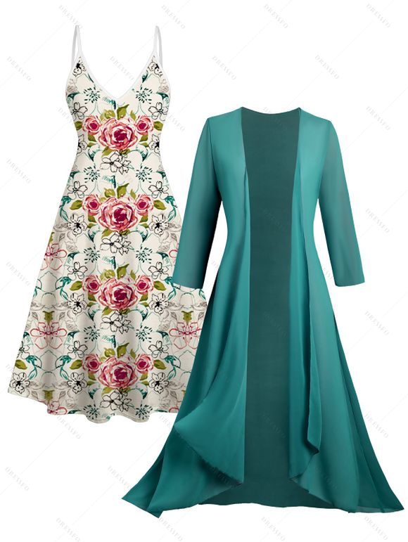 Sheer Solid Open Front Chiffon Bracelet Sleeve Cardigan and Tiny Floral Print Cami Dress Suit - Vert profond S | US 4