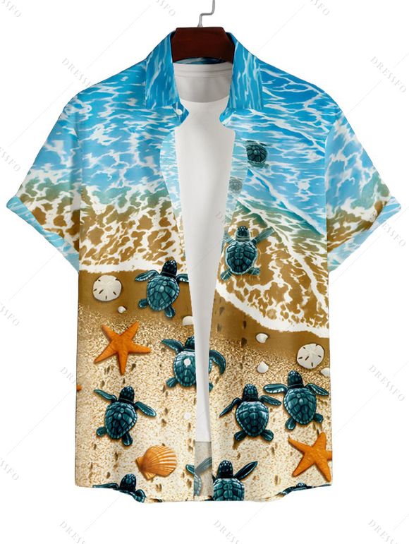 Men's Beach Print Roll Up Sleeve Shirt Button Up Short Sleeve Casual Gentleman Shirt - Bleu clair 2XL